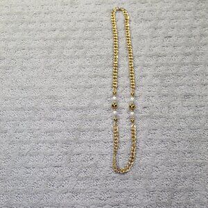 Vtg Napier 30" Bulky Gold Tone Linked Chain Faux Pearl & Gold Bead Necklace Sign